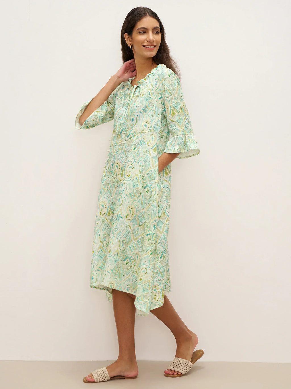 100% Linen A-Line Ruffled Collar Tie-Neck Mini Dress LIVIA
