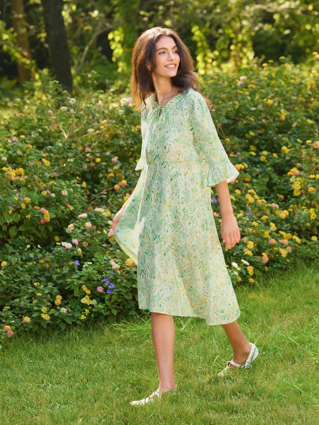 100% Linen A-Line Ruffled Collar Tie-Neck Mini Dress LIVIA